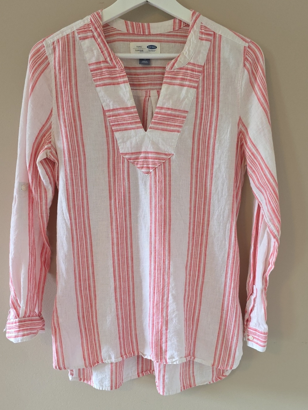 Old Navy White Tunic with Coral Stripes V-Neck